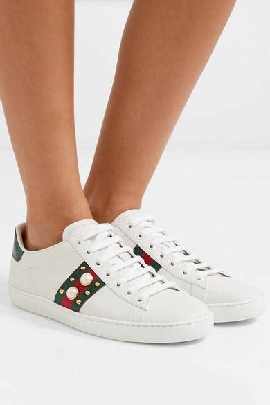 gucci sneakers with pearls chain|Gucci ace embellished leather sneakers.